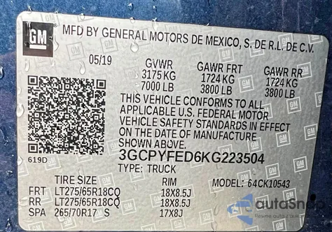 2019 Chevrolet Silverado K1500 Lt Trail Boss z USA, uszkodzony, nr VIN 3GCPYFED6KG223504